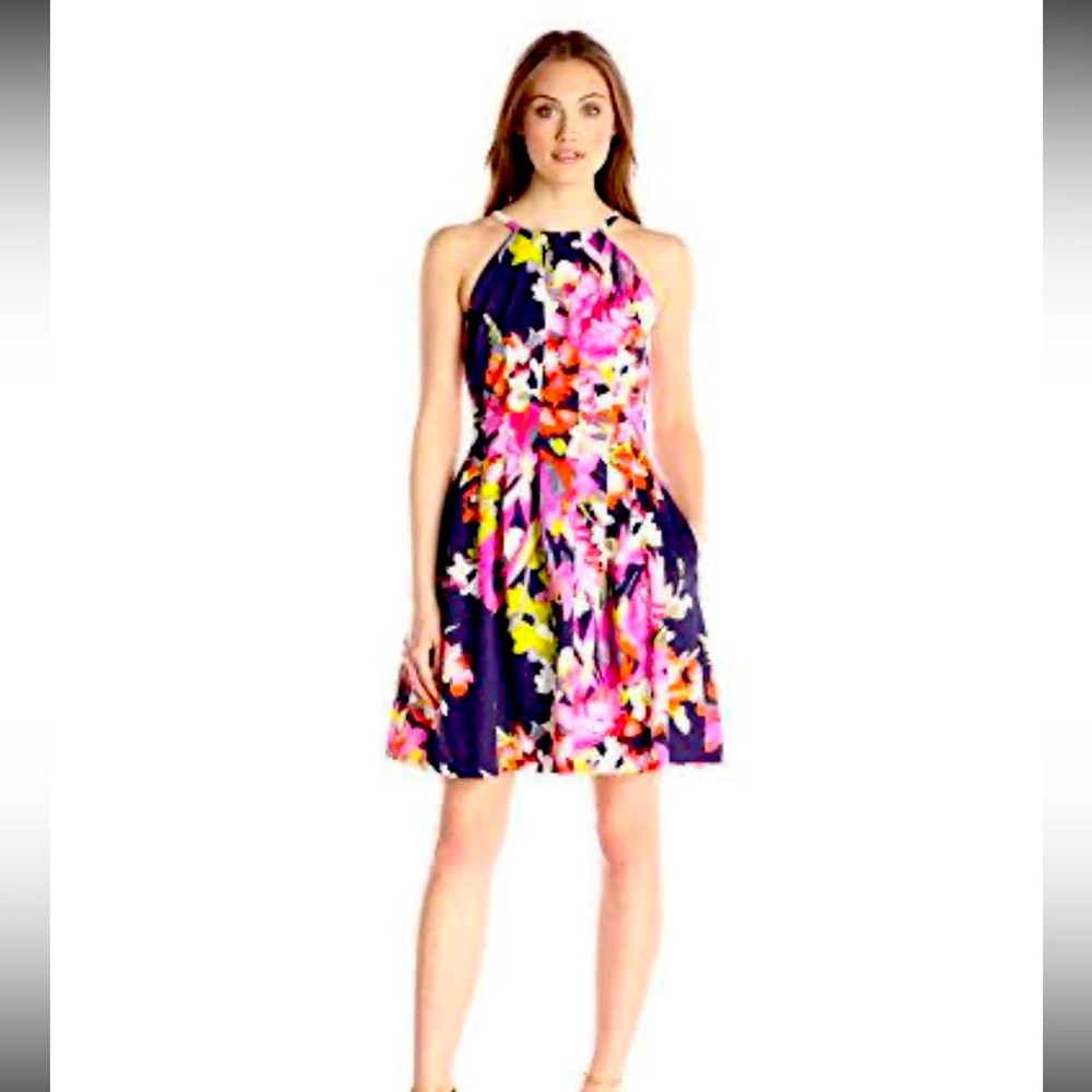 Vince Camuto Navy Floral Halter Fit-and-Flare Dress